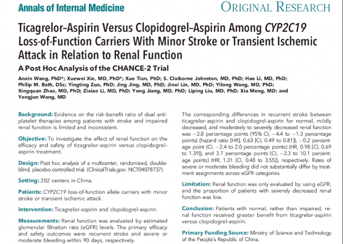 《Annals of Internal Medicine》啊啊啊啊啊啊水水视频在线观看cccc爽插肾功能对急性缺血性脑血管病患者不同双抗治疗策略的疗效与安全性影响